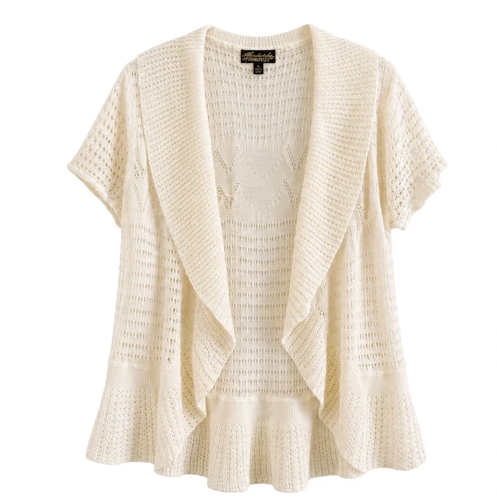 Absolutely Famous Ivory Pointelle Knit Open Front Cardigan Ruffle Hem XL